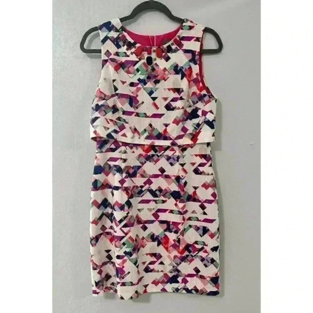Vince Camuto Women's Geometric Mini Dress Embellished‎ Neckline Multicolor